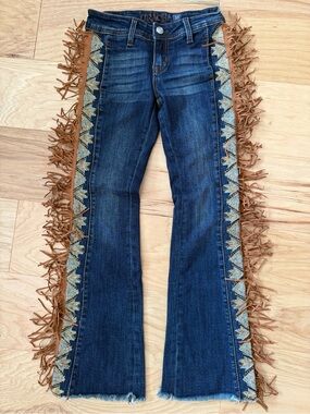 Grace Dark Blue Western Flare Jeans with Tan Fringe and Turquoise Embroidery